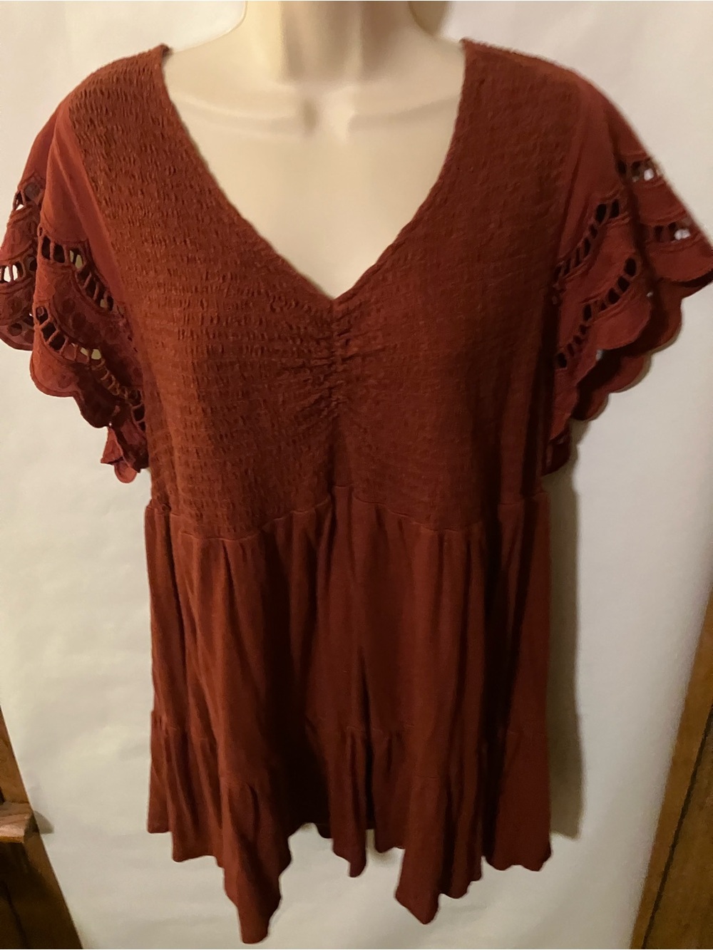 torrid Rust Smocked V‑Neck Tunic with Lace Flutter Sleeves